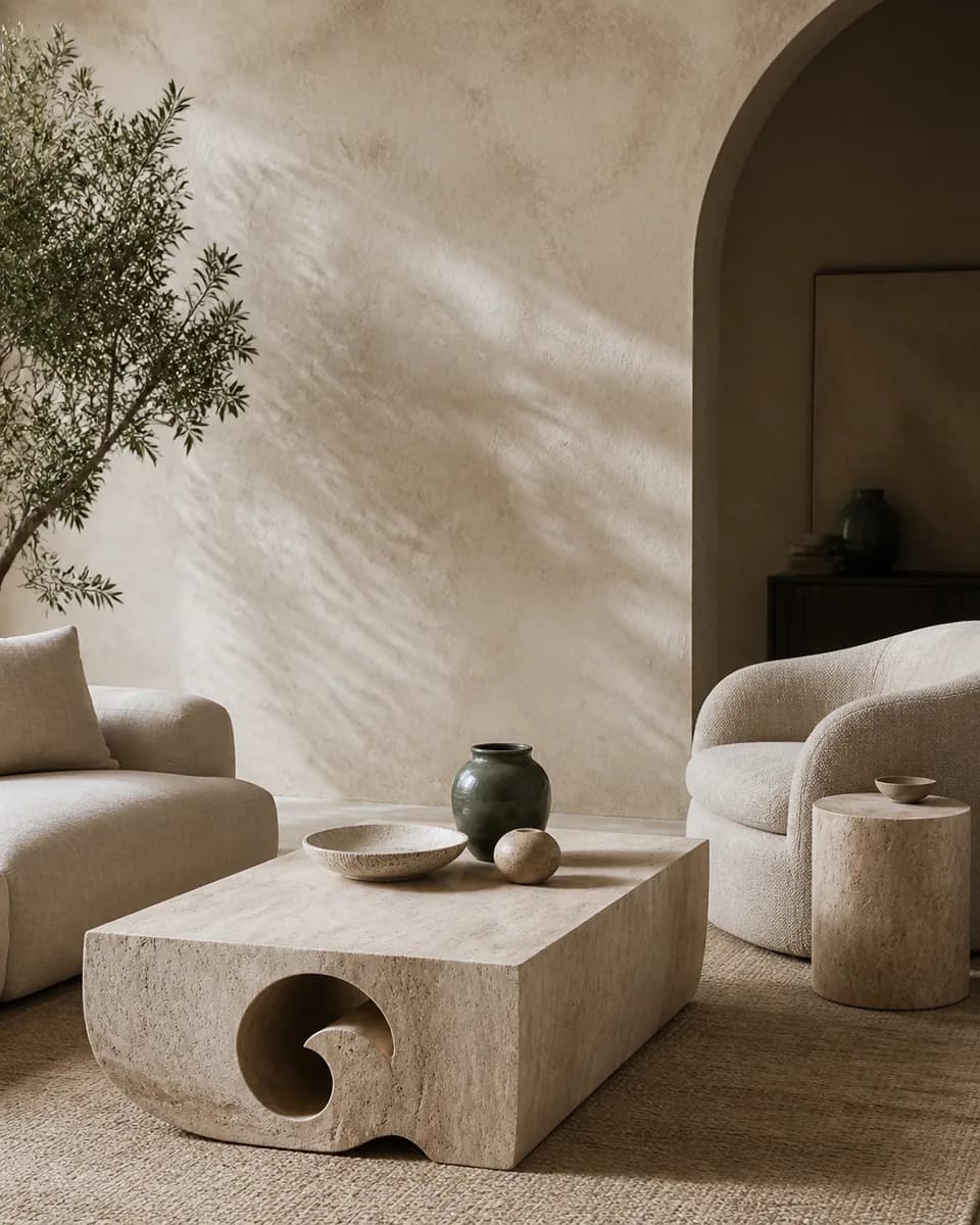 A sculptural stone coffee table in a warm contemporary living room