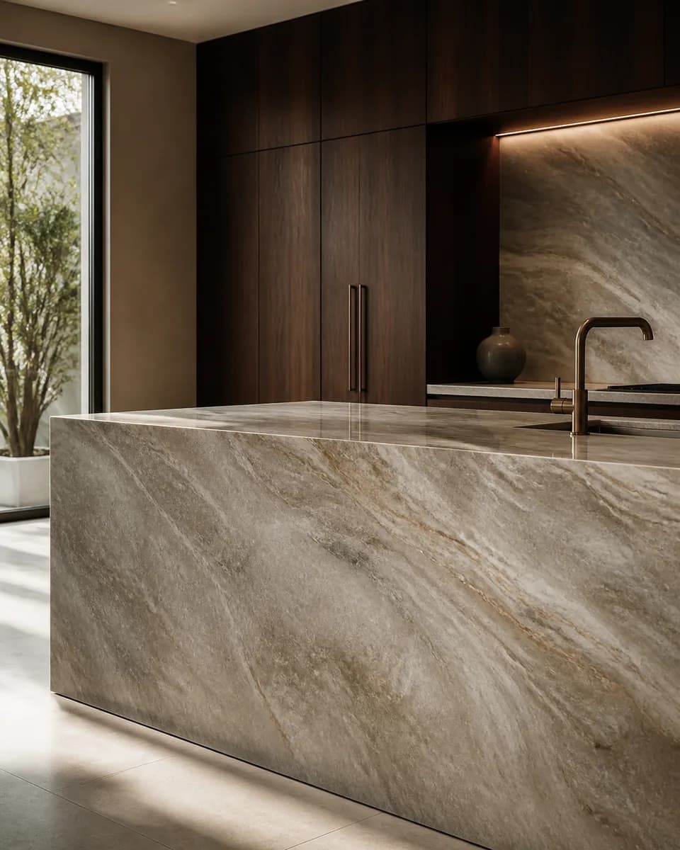 A refined kitchen with a substantial natural stone island