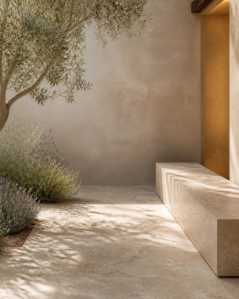 A sunlit limestone courtyard with a monolithic stone bench