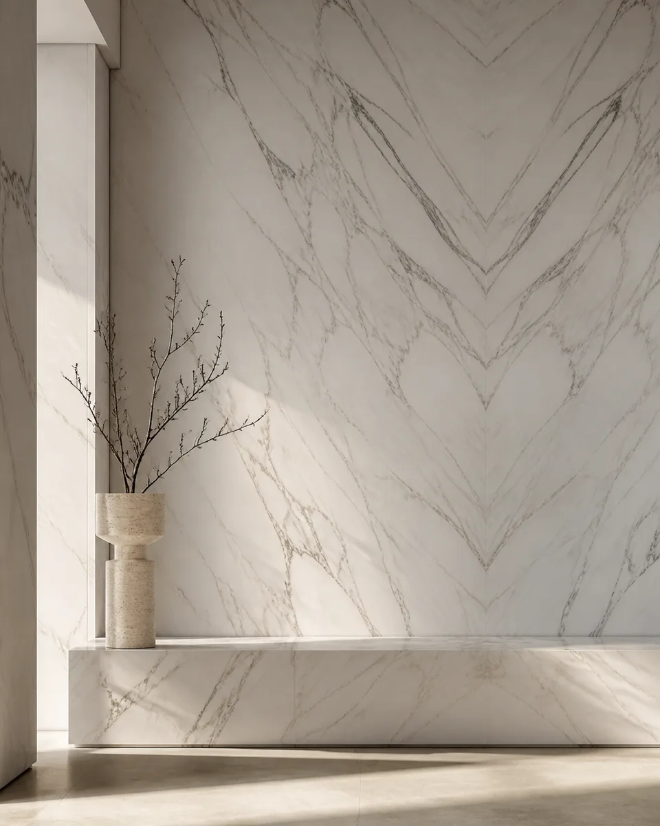 A calm interior with a bookmatched white marble wall and stone plinth