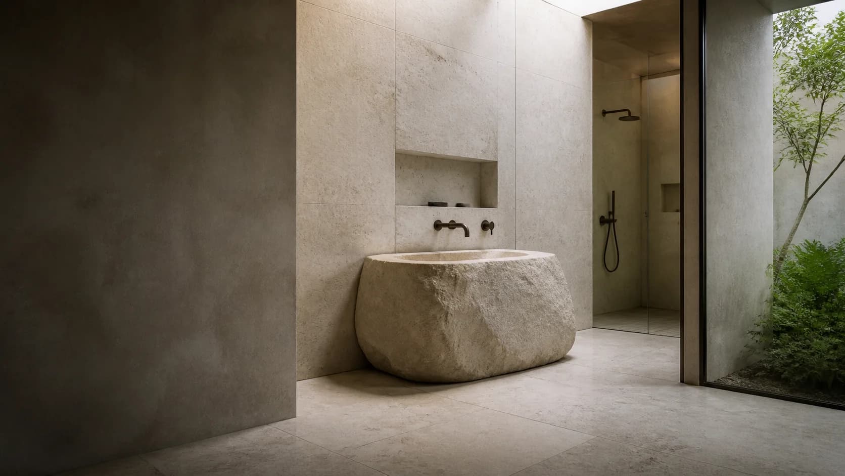A serene stone bathroom with a carved basin and planted courtyard