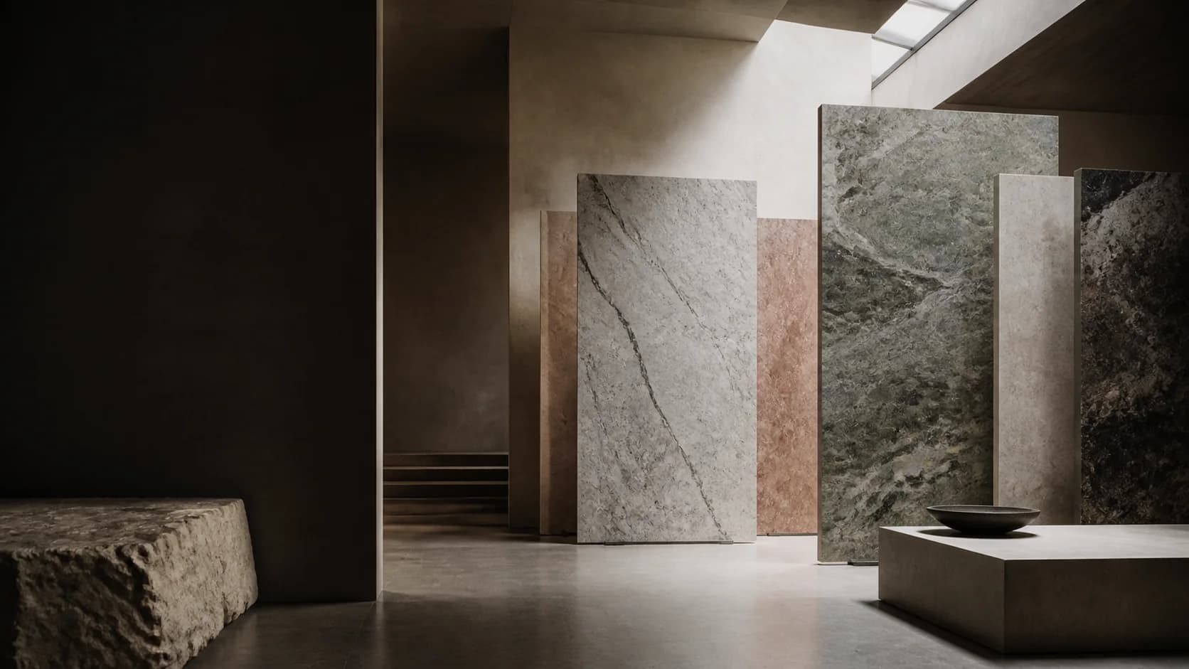 An atmospheric architectural gallery of varied natural stone slabs