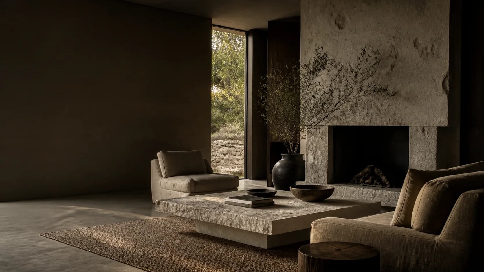 A warm living interior with a carved stone table and textured stone fireplace