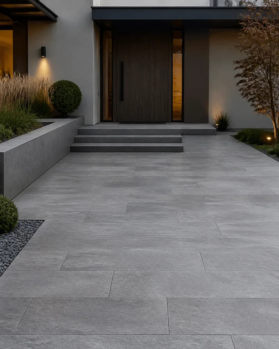 Illustrative contemporary entrance approach using fine-grained mid-grey paving