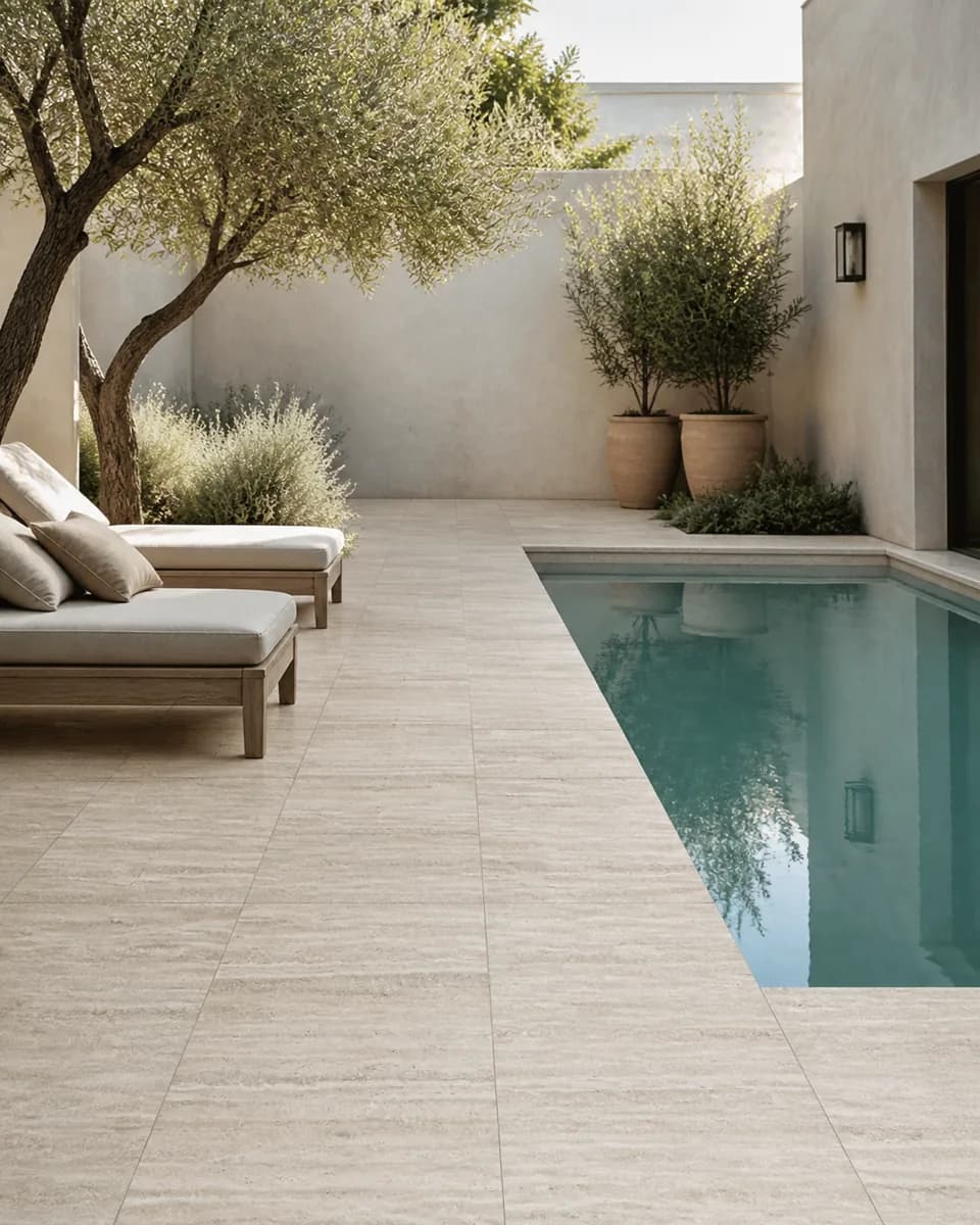 Illustrative poolside retreat using linear beige-grey travertine paving