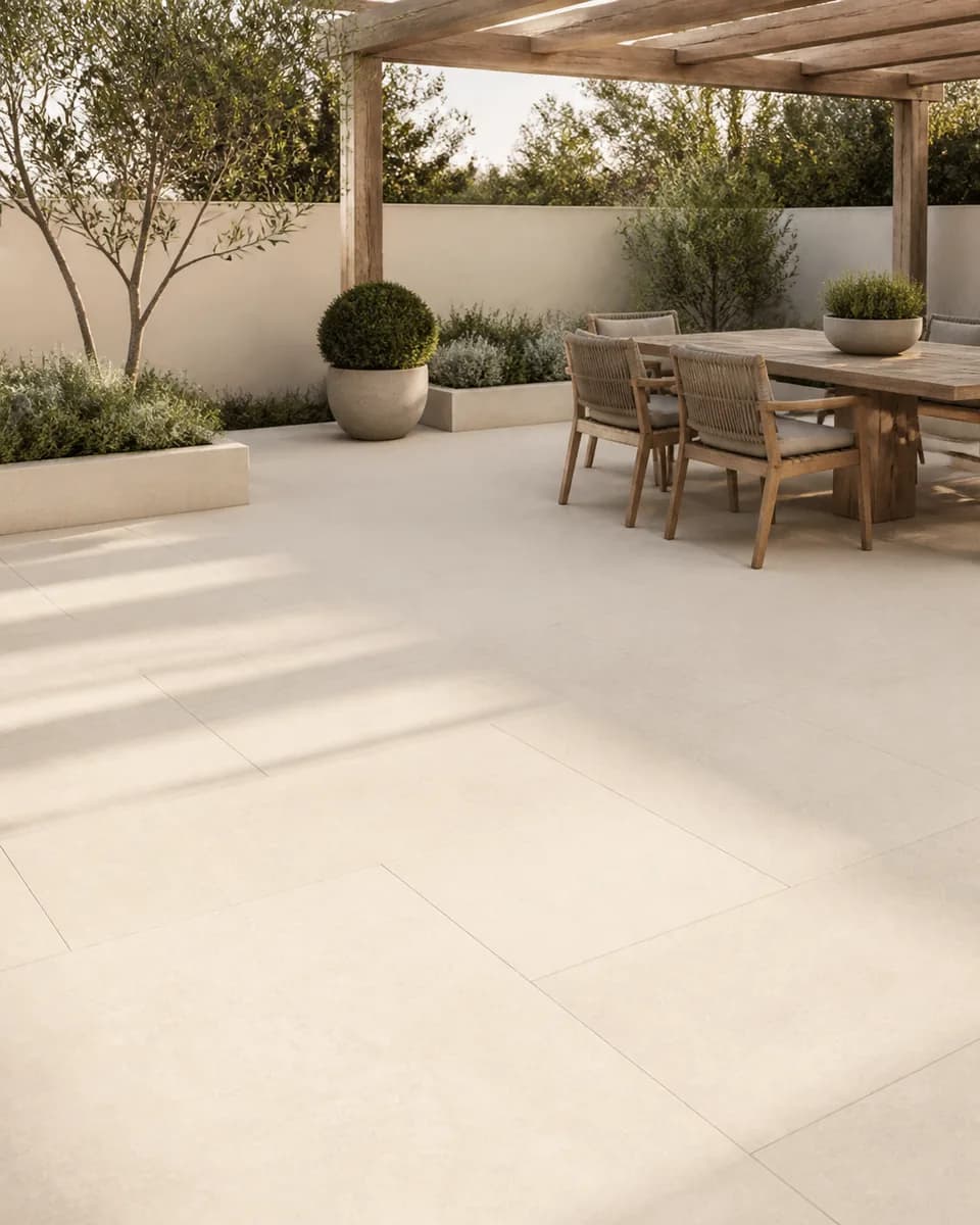 Illustrative garden dining terrace using warm cream-beige large-format paving