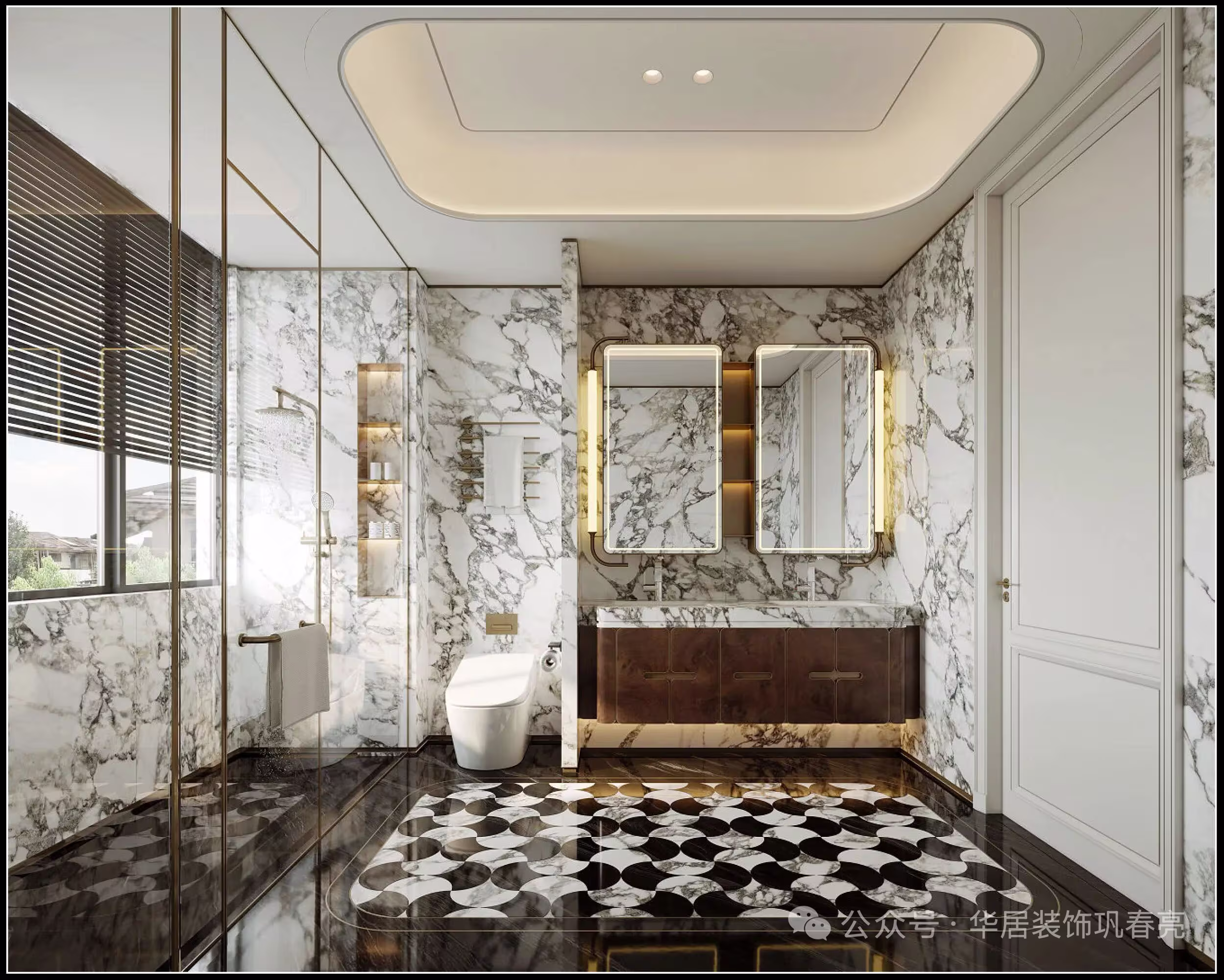A serene marble bathroom with a freestanding bath and twin basins