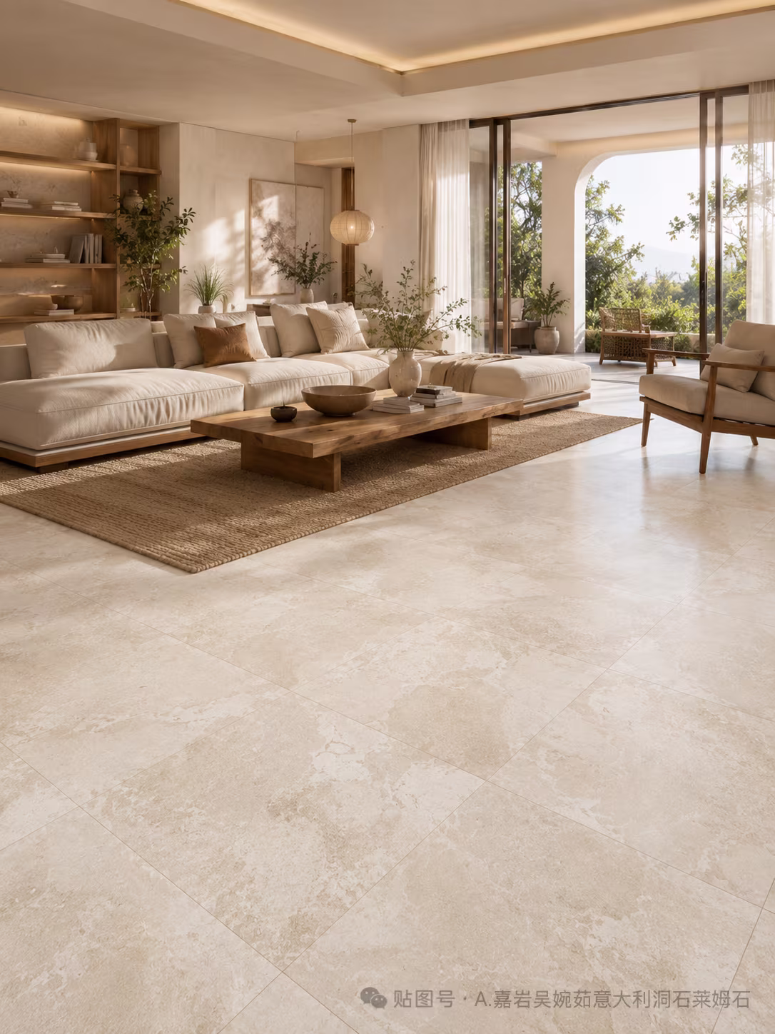 A warm living room with stone flooring and sculptural furniture