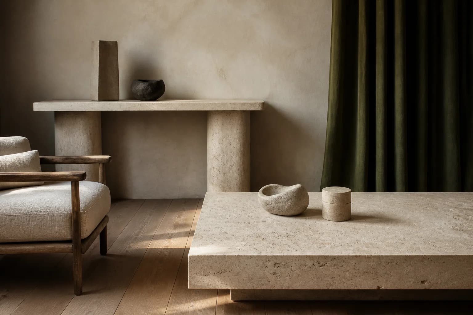 Sculptural stone furniture in a warm, restrained living interior
