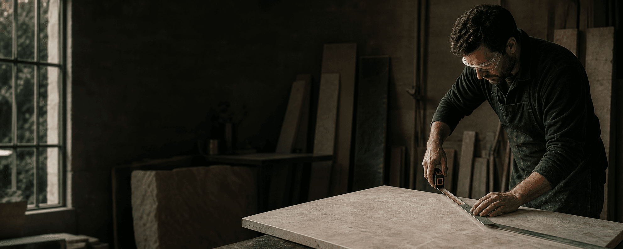 A stone craftsperson measuring a limestone slab in the workshop