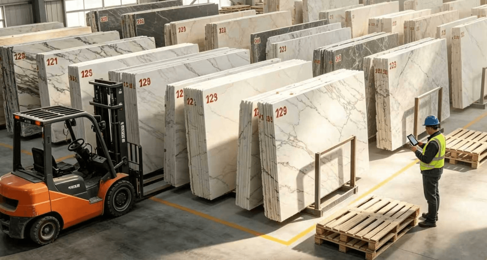 Large stone slabs stored upright in a warehouse with a forklift and quality inspection
