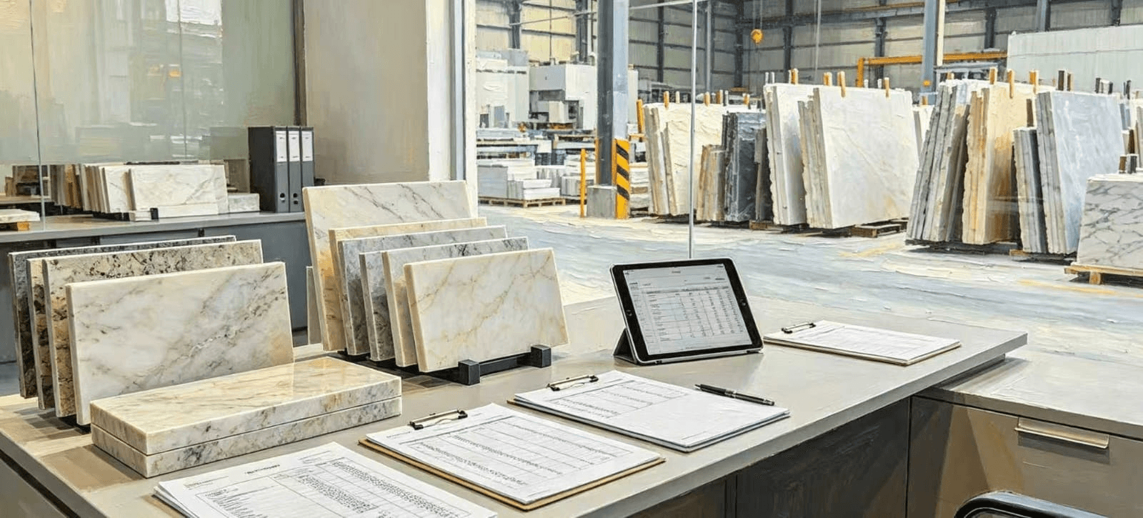 Stone samples displayed in an office overlooking a slab storage and processing facility
