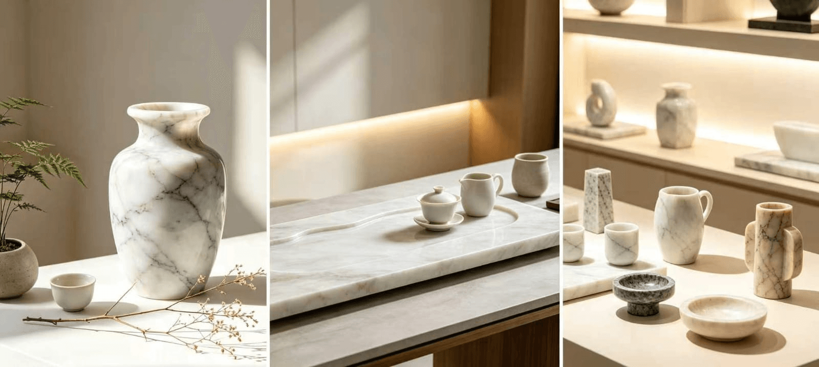 Stone vases, serving pieces and decorative objects displayed in a warm interior