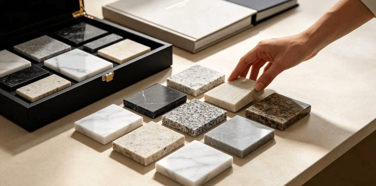 Stone material samples arranged for hands-on comparison and selection